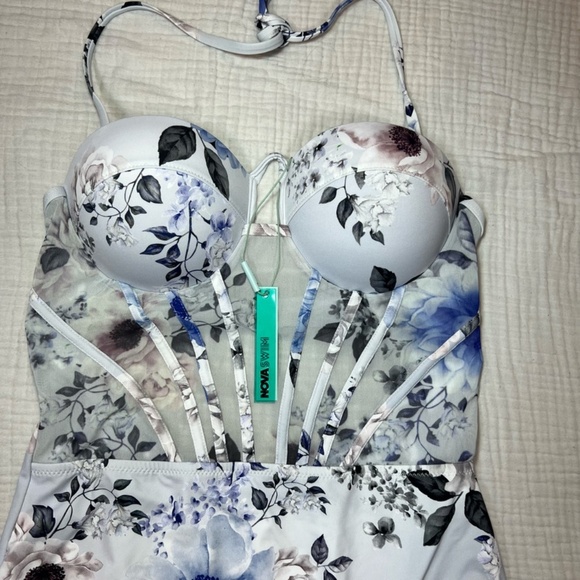 Fashion Nova Summer Romance Corset Swimsuit White Floral One Piece Halter Large - Picture 3 of 14